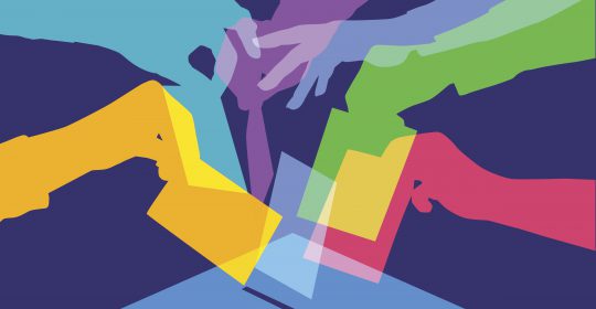 Colourful overlapping silhouettes of people voting. EPS10 file, best in RGB, CS5 versions in zip